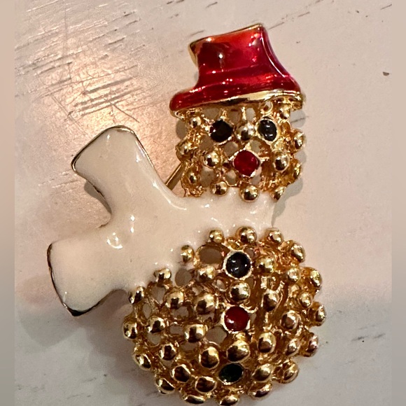 Vintage Gold Snowman Brooch, white scarf, red hat Christmas #Holiday # Snowman - Picture 4 of 4